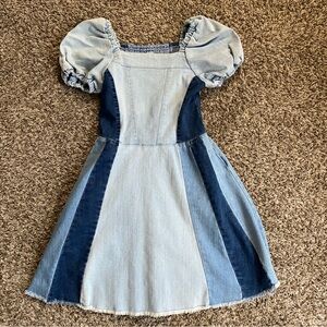 Habitual Dress Kid’s Girls’s 14 Blue Denim Cotton Patchwork Puff Sleeve Raw Hem